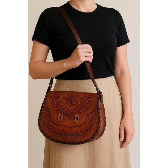 Vintage Mexican Leather Bag SIOUX Tooled Floral Boho Hippie Shoulder Crossbody - Picture 2 of 12